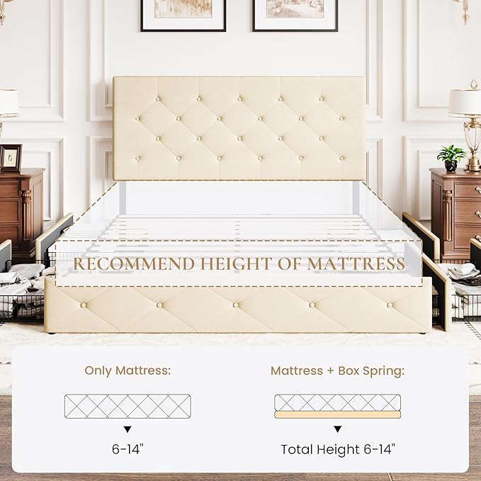SHA CERLIN Upholstered Queen Size Platform Bed Frame with 4 Storage Drawers, Adjustable Headboard with Diamond Stitched Button Tufted Design, Wooden Slat Support, No Box Spring Needed, Beige