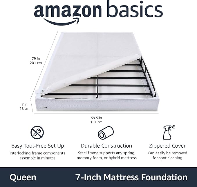 Amazon Basics Smart Box Spring Bed Base, 7-Inch Height Mattress Foundation, Tool-Free Easy Assembly, Extra Firm Support, Queen, 79"L x 59.5"W x 7"H, White
