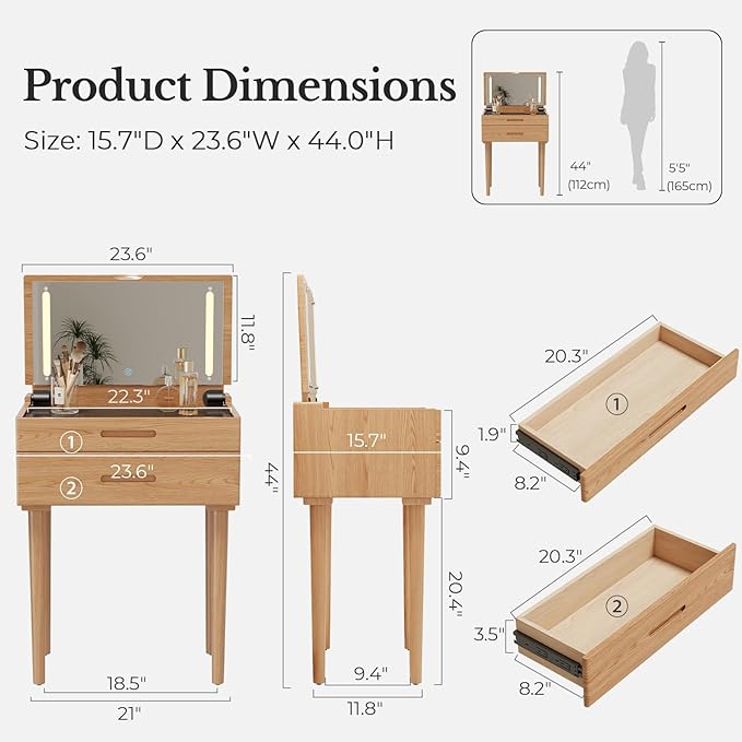 Muwuele Solid Wood Small Vanity Desk with Mirror and Lights, Narrow Makeup Vanity for Small Space, Flip Top Vanity Side Table, 3 Color Modes & Adjustable Brightness, 23.6" Slim Dressing Table, Natural