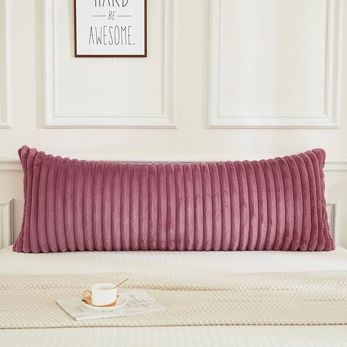 JAUXIO Faux Fur Fluffy Body Pillow Cover Luxury Textured Vertical Stripe Plush Decorative Body Pillowcase, Ultra Soft and Cozy Zipper Closure 21 x 54 Inches, Dusty Rose