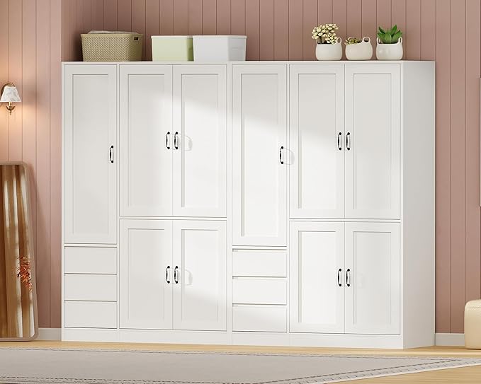 RALGEND Armoire Wardrobe Closet Set of 2, with 3 Drawers and 5 Doors, Wardrobe Cabinet for Bedroom, 70.9" Bedroom Armoire with Hanging Rod, Large Capacity Storage Wardrobe Armoire, White