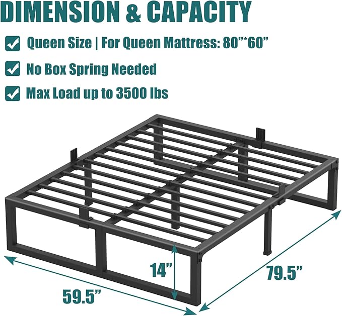Yitong Angel 14 Inch Queen Bed Frame,3500 lbs Heavy Duty Metal Platform, Steel Slats Support/No Box Spring Needed/Noise Free/Non-Slip/Easy Assembly