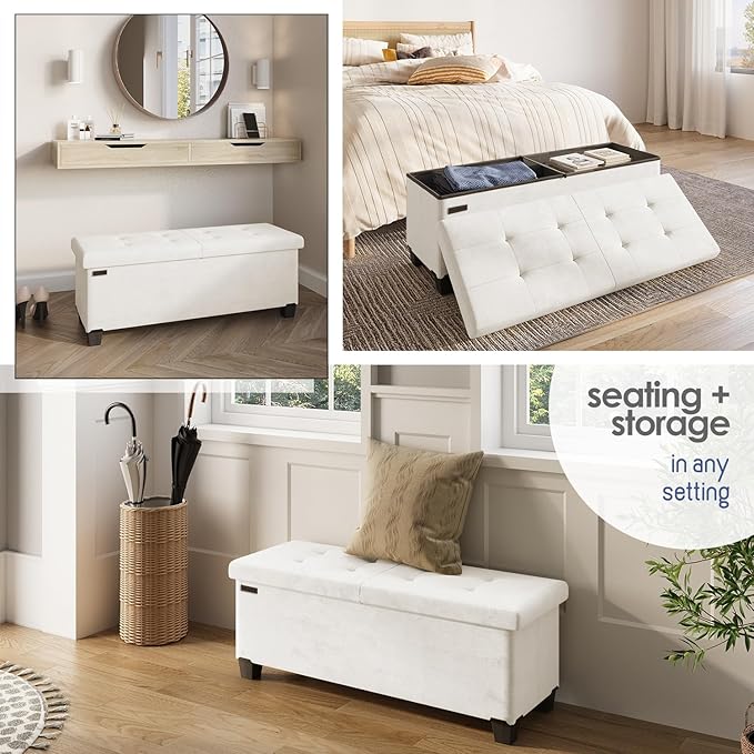 Storage Ottoman Bench with Bins, 43-in Storage Bench for Bedroom End of Bed, Folding Foot Rest Ottoman for Living Room Max 660lbs, Velvet Ottomans, Cream