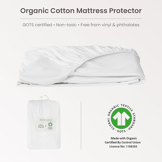 Bioweaves Organic Waterproof Mattress Protector – GOTS Certified Organic Cotton Mattress Cover Full with Breathable Piqué Weave top Layer – 20 Inch Deep Pocket, White