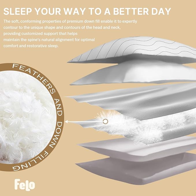 Felo Feather Down Pillow Queen Size, CloudFusion Goose Down Pillow for Sleeping, Hotel Collection Bed Pillow for Side Back Pain Sleepers (20" x 30")