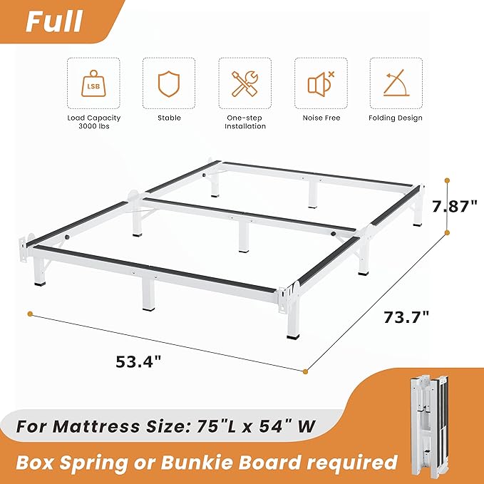MAF Metal Bed Frame Full, 9-Legs Support Bed Base, 8 Inches Full Bed Frame for Box Spring and Mattress, Basics Bed Frame Headboard Attachable Tool-Free Easy Assembly, White