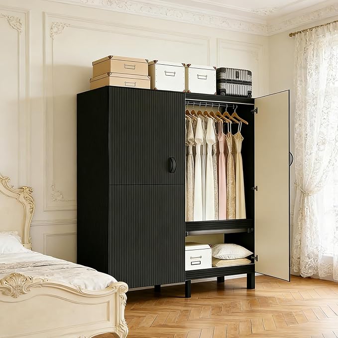 Freestanding Heavy Duty Wardrobe Closet with Magnetic Door, Portable Metal Closets, Foldable Wardrobecloset Organizers and Storage, for Bedrooms, Apartments, and Tenant (Black, 33.4in)