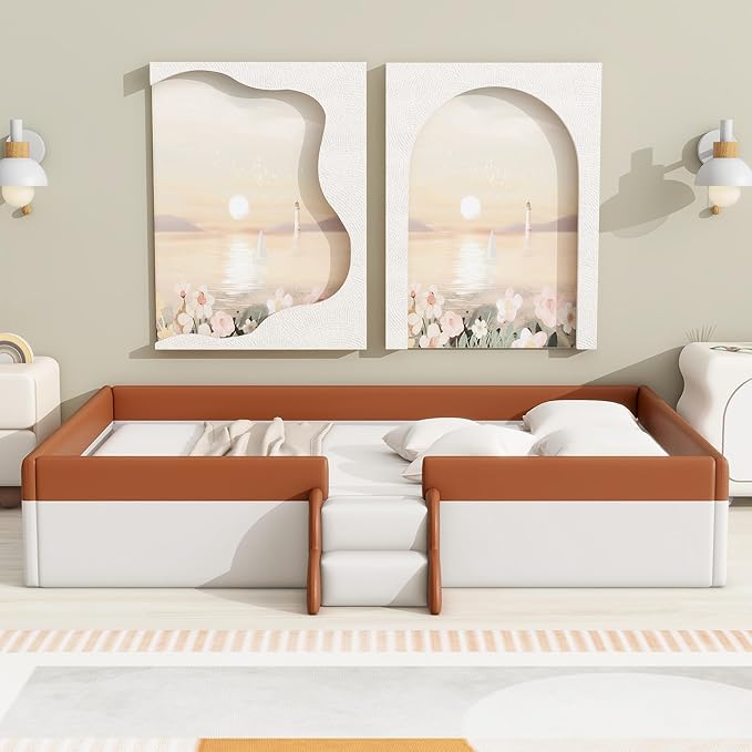 Merax Queen Size Upholstered Kids Daybed Frame with Fence and Stairs, Wood Bed for Living Room, Floor Bed, White+Brown