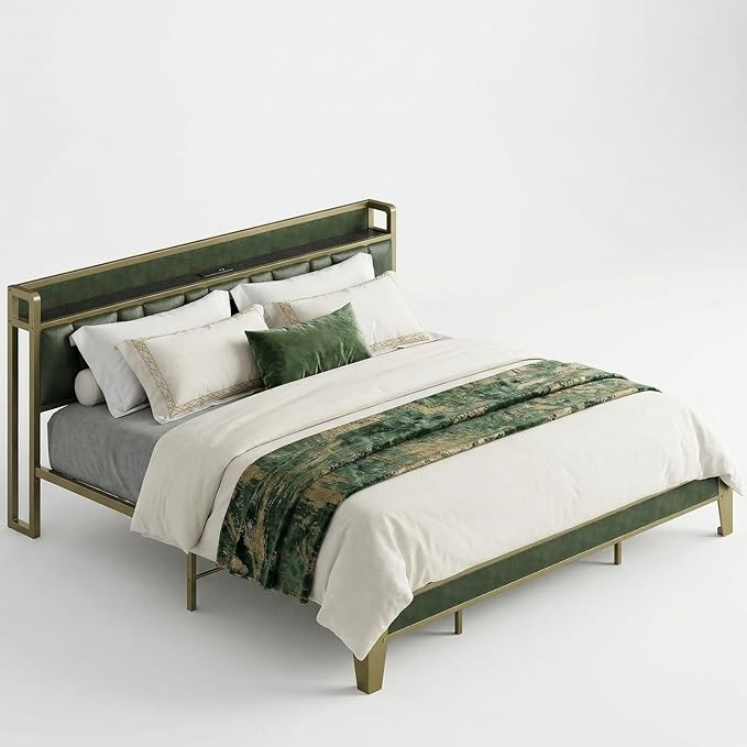 LIKIMIO California King Bed Frame, Storage Headboard with Charging Station, Solid and Stable, Noise Free, No Box Spring Needed, Easy Assembly (Dark Green)