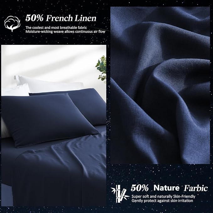 LUXEAR Pillow Cases, 2 Pack Queen Size Linen Pillowcases for Hair Skin, Silky Skin-Friendly, Machine Washable Pillow Covers - Navy Blue