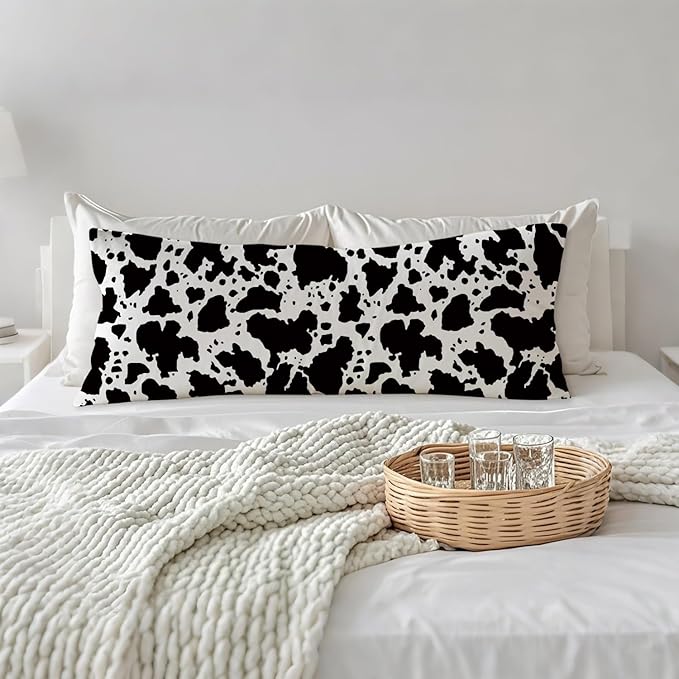 Cow Print 20x54 Body Pillow Cover, Rustic Farmhouse Decor, Black and White Cow Cowhide Skin Print Decorative Long Body Pillow Cases for Bed Couch