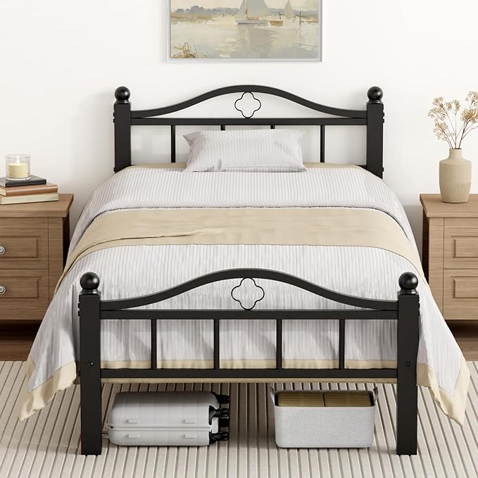 Metal Twin XL Bed Frame, Black, No Squeak Heavy-Duty 1500lbs Support & 12" Clearance Storage Tool-Free Setup in 30 Mins No Box Spring Needed