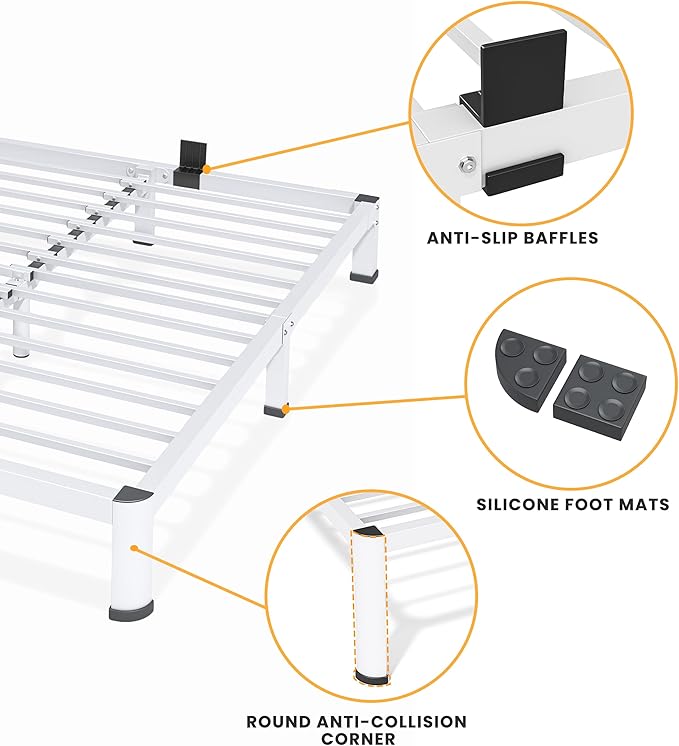 7 Inch Queen Bed Frame, Metal Platform Bed Frame with Round Corner Legs, 3500 lbs Heavy Duty Steel Slats Support, No Box Spring Needed, Noise Free, Easy Assembly, White