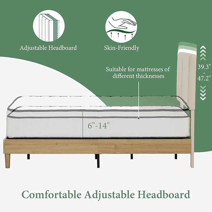 VECELO Twin Size Bed Frame Set of 2, Upholstered Platform with Height-Adjustable Cotton and Linen Headboard, Heavy Duty Wood Slats, Noise-Free, No Box Spring Needed, Easy Assembly, Beige
