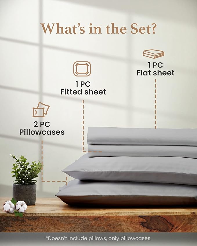 Good Sleep Bedding Twin Sheets - 100% Egyptian Cotton Twin Sheet Set, 4Pc, Sateen Weave, Hotel Quality Size Bed Set, Soft, 16" Deep Pocket Sheets - Light Grey Bedsheets