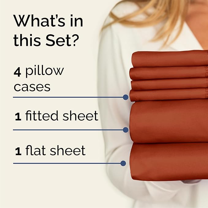 Queen 6 Piece Sheet Set - Comfy Breathable & Cooling - Hotel Luxury Bedding for Women, Men, Kids, Teens & Children - 1 Flat & 1 Fitted Sheet & 4 Pillowcases w/ Deep Pockets - Wrinkle Free - Terracotta