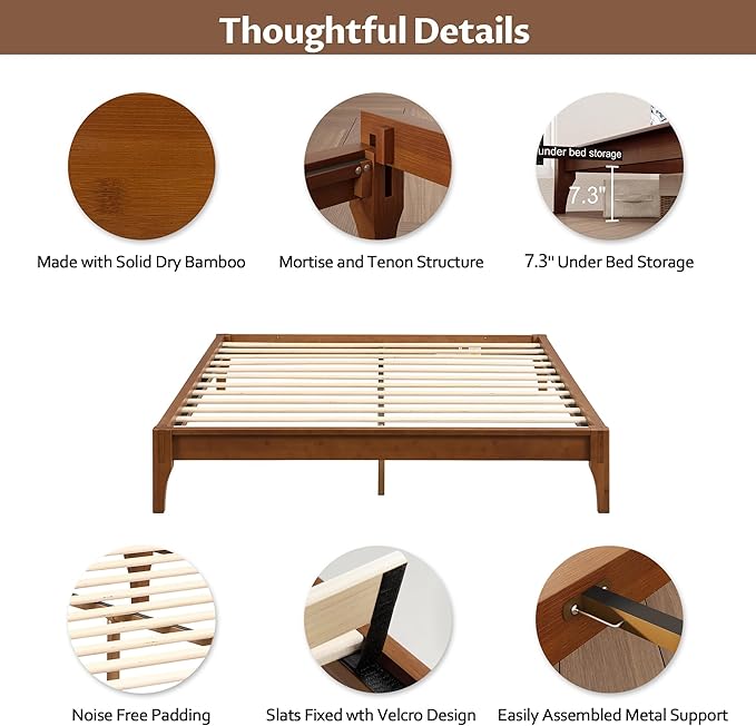 Merax King Size Bamboo Platform Bed, Mid-Century Modern Bed Frame with Wood Slat Support, No Box Spring Needed, Easy Tool-Free Assembly, Brown