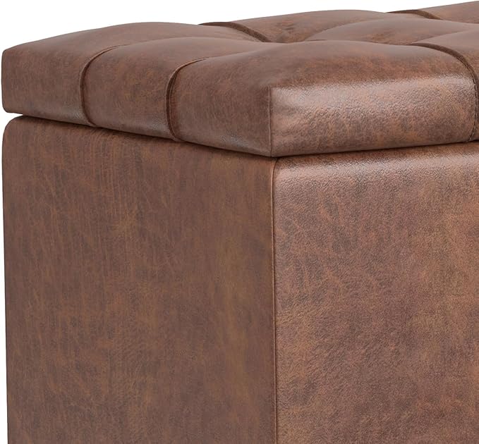 SIMPLIHOME Sienna Storage Ottoman Bench - 33 inch Wide Upholstered Vegan Leather Rectangle Storage Ottoman Bench in Distressed Saddle Brown, Transitional Tufted Ottoman for Living Room with Lift Top