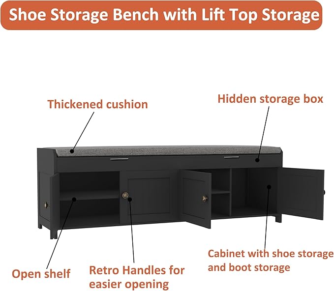 HOMEFORT 54.4" Shoe Bench with Lift Top Storage, Entryway Bench with Cushioned Seat, Wooden End of Bed Bench, Shoe Cabinet Bench with Hidden Storage Space, for Bedroom, Hallway,Black