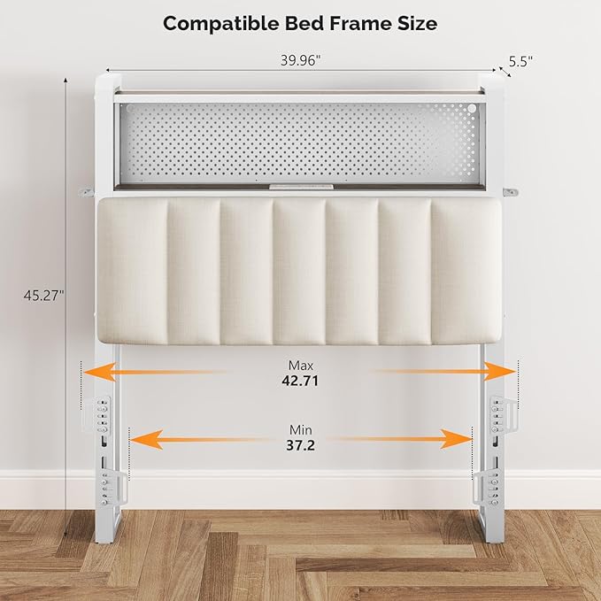 VINGLI Twin Size Headboard for Bed, Upholstered Headboards with Storage, Charging Stations and LED Lights, 2 Tier Shelves and Pegboard, Modern Twin XL Bed Head Board, Adjustable Height, White