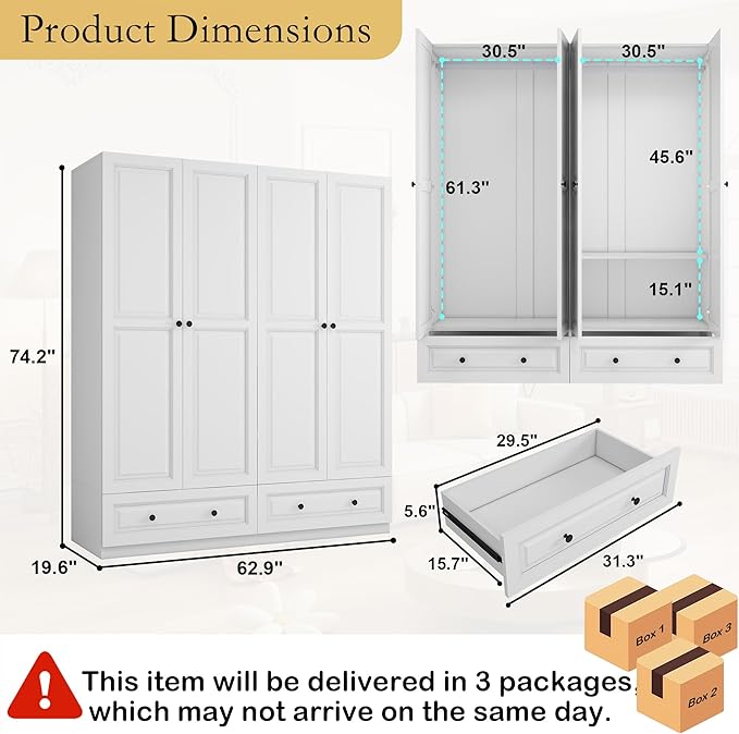 Armoire Wardrobe Closet with Drawers: 63" White Wardrobe Closet with 4 Doors and 2 Drawers, Wood Clothes Armoire with Hanging Rod, Clothing Storage Cabinet for Bedroom
