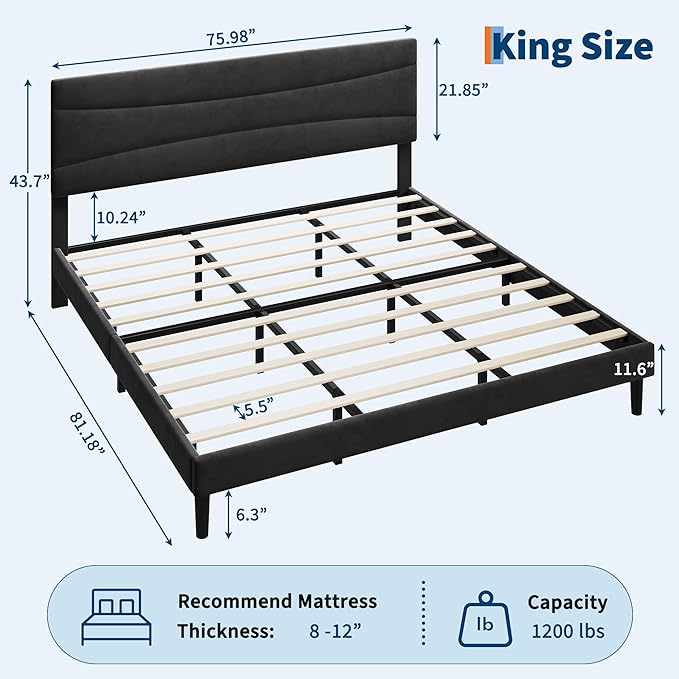 IDEALHOUSE King Size Upholstered Platform Bed Frame with Ergonomic Headboard, Beige Soft Fabric, Heavy Duty Wooden Slats, Noise-Free, 6.3" Underbed Storage, No Box Spring Needed, Easy Assembly