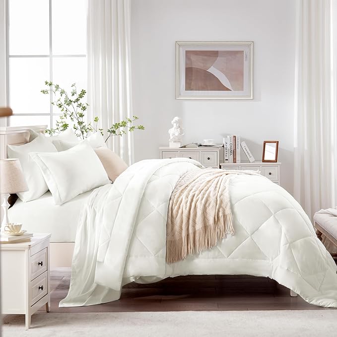 Love's cabin California King Comforter Set Ivory, 7 Pieces California King Bed in a Bag, All Season Bedding Sets with 1 Comforter, 1 Flat Sheet, 1 Fitted Sheet, 2 Pillowcase and 2 Pillow Sham | Soft, Breathable, Lightweight, Comfortable
