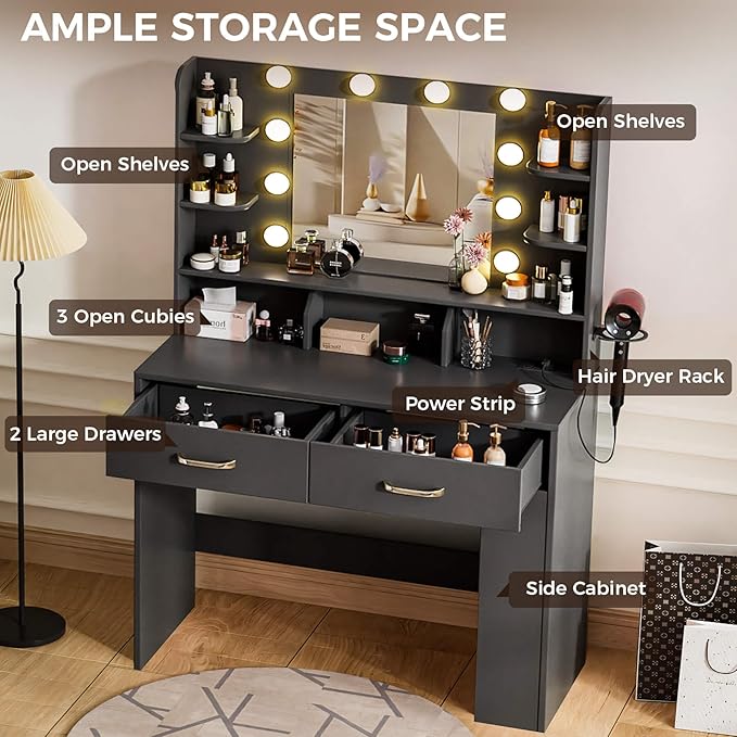 LUCKRACER Vanity Desk with LED Lights Mirror & Charging Station, Black Makeup Vanity with Storage Drawers and Shelves, Modern Dressing Table for Women Girls Bedroom, Black
