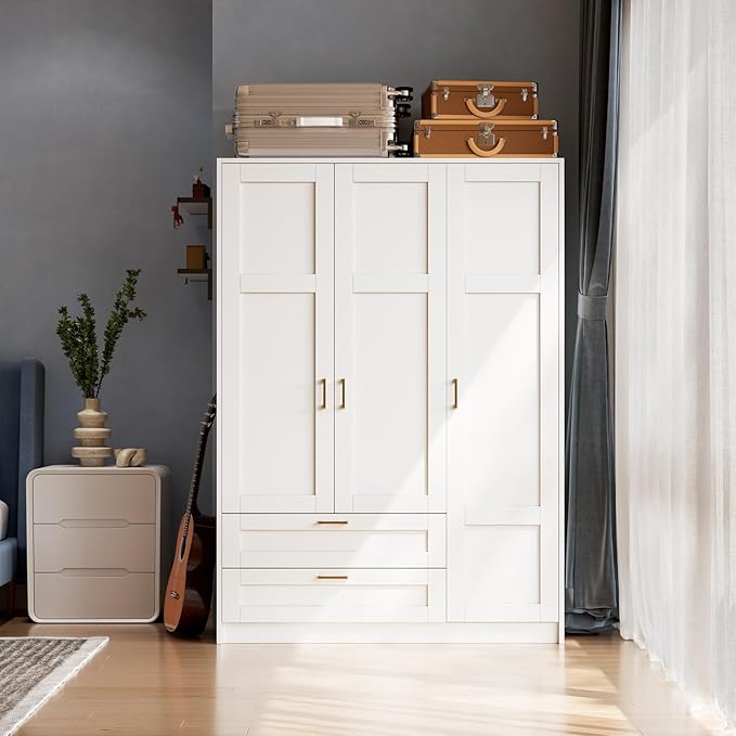 66" 3 Doors Wooden Wardrobe Closet Armoire with 2 Drawers & 3 Shelves, Wooden Wardrobe Closet with Hanging Rod, Bedroom Large Capacity Freestanding Armoire for Bedroom,Cloak Room,Entrance Hall, White