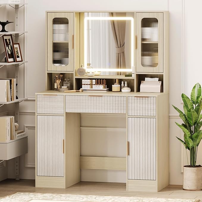 Garvee Vanity Desk with Mirror and Light, Modern Makeup Dressing Table with Adjustable 3 Colors Light, Vanities for Bedroom with 2 Glass Cabinet, 2 Large Cabinet, 3 Drawers & Storage Shelves, Natural