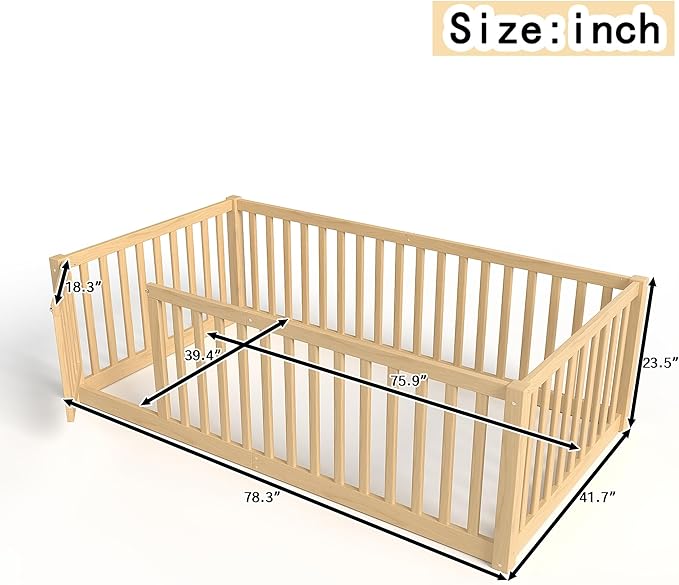 Bellemave Twin Size Montessori Floor Bed with 23.5" High Rails, Pine,Plywood Twin Floor Bed with Small Door, Natural