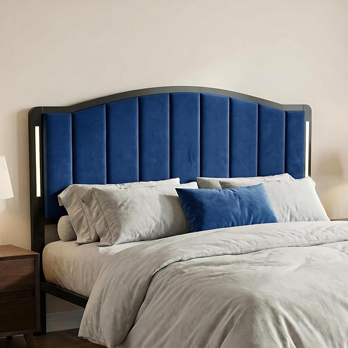 Headboard for King Size Bed with LED Lights, Upholstered Vertical Channel Tufting Head Boards, Velvet Headboard Only, Study & Comfortable, Ideal for Bedroom, Dorm, Guest Room, Blue