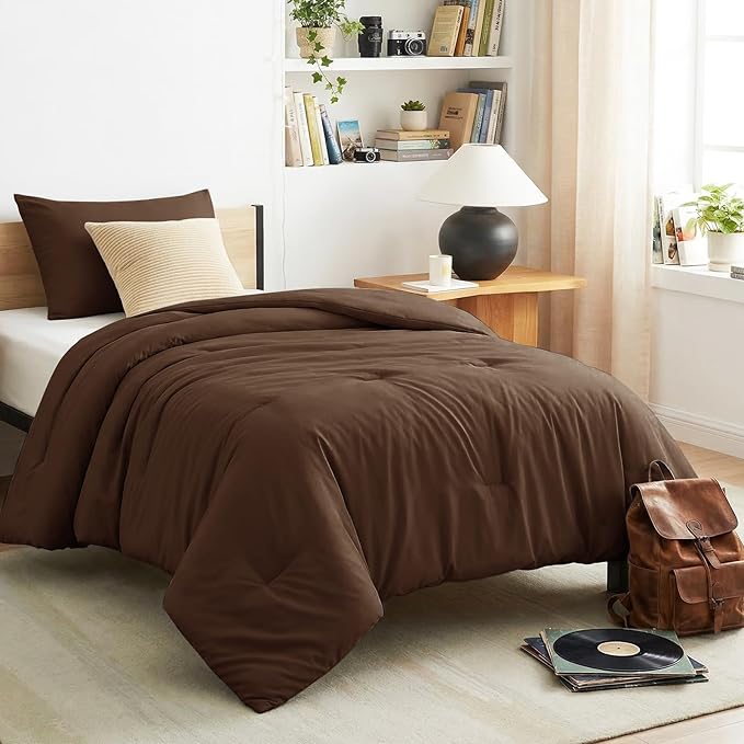 CozyLux Twin Comforter Set Brown, 2 Pieces Twin Extra Long Solid Breathable Bedding Sets for College Dorm, Twin XL Luxury Soft Bed Set with Down Alternative Comforter and 1 Pillowcase All Seasons