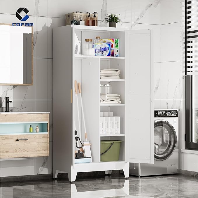 COFaR Metal Wardrobe Closet, Bedroom Armoire with Adjustable Hanging Rod and Shelves, Farmhouse Broom Closet Storage Cabinet for Garage Laundry Office, Roperos para Guardar Ropa, 71'' Tall White