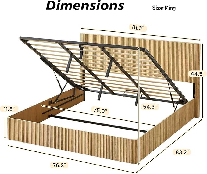 Bellemave King Size Lift Up Storage Bed, Oak Wood Lift Up Bedframe King, Wooden Corrugated Curved Lines, Hydraulic Storage,Oak