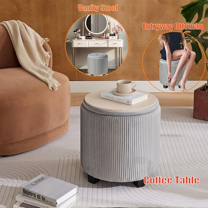 BLEXA Big Round Ottoman with Storage Set of 2,Upholstered Velvet Vanity Stool for MakeupMultifunctional Foot Rest Coffee Table Padded Seat Tufted Ottomans for LivingRoom&Bedroom (Large Grey)