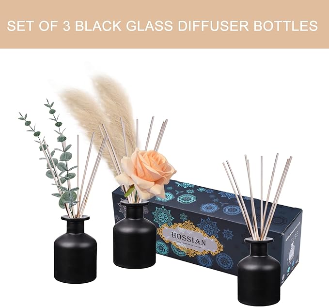 HOSSIAN Diffuser Glass Bottles Black -Empty Reed Diffuser Bottle With Sticks- Fragrance accessories use for DIY replacement reed diffuser sets (Black)