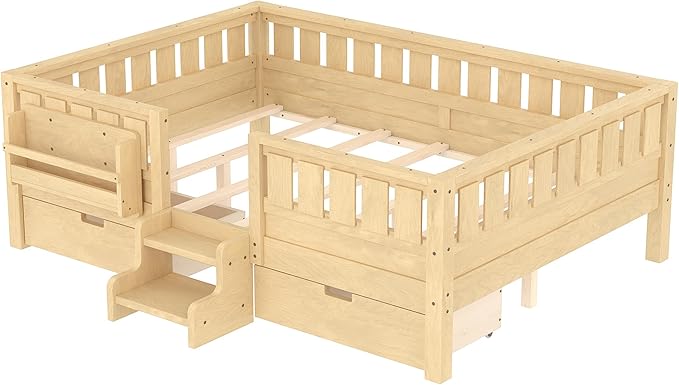 Bellemave Full Size Bed Frame with Storage Drawers & Bookshelf, Low Profile Kids Bed with Staircase & Full Length Guardrails, Solid Wood Full Size Bed Frame Kids with Slats Load 450 LBS, Natural
