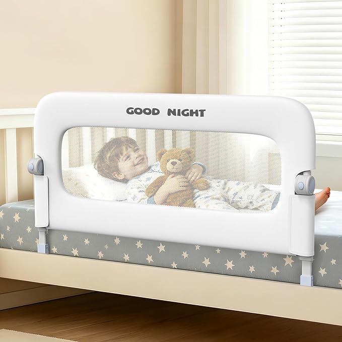 Bed Guard Rail for Toddlers - 47" Adjustable Heights & Folding up Portable Bed Railing for Baby - Toddler Bed Rails Guard for Crib, Twin, Bunk,Full Size, Queen & King Bed (White)