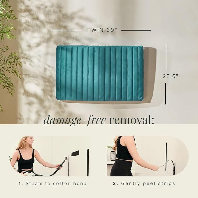 Hearth & Harbor Twin Headboard Only, Floating Wall Mounted Headboard Twin Size, Easy Assemble Upholstered Peel and Stick Headboards, 3D Soundproof Bed Wall Panels, Velvet Stick on Headboards, Teal