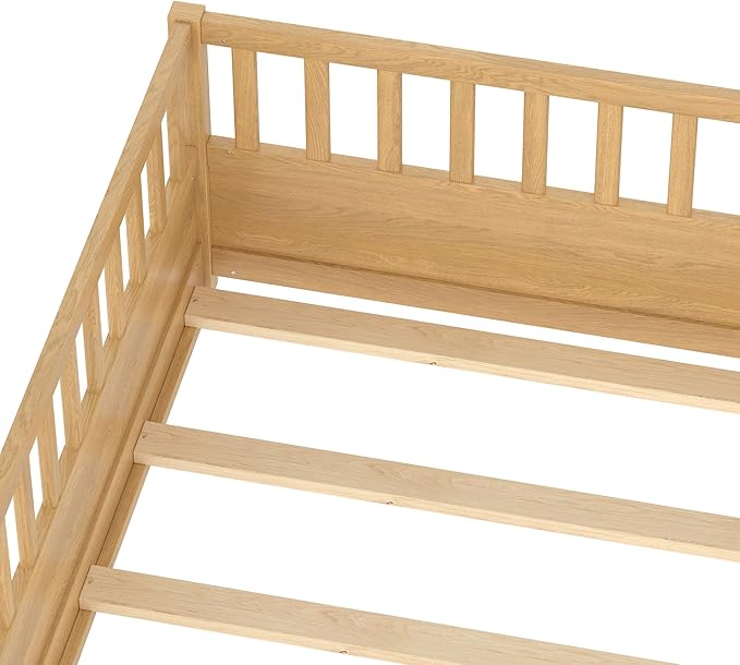 Bellemave Full Size Floor Bed with High Fence, Wood Montessori Bed with Slats and Guardrails, Full Size Montessori Floor Beds Frame for Kids, Girls, Boys, Natural