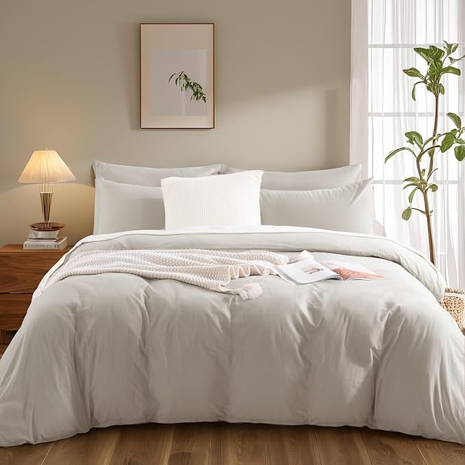 NEXHOME PRO Duvet Cover Full Size, 100% Washed Cotton Orgnic Linen Like Textured Breathable Durable Comfy, Cream Grey