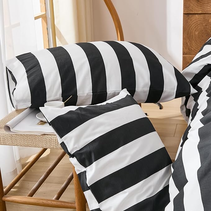 Merryword Queen Size Pillowcases, 100% Cotton Pillow Cases, Black and White Striped Pillowcases, Luxury Linen Like Pillowcase, Soft Breathable Wide Stripes Pillow Covers, Set of 2