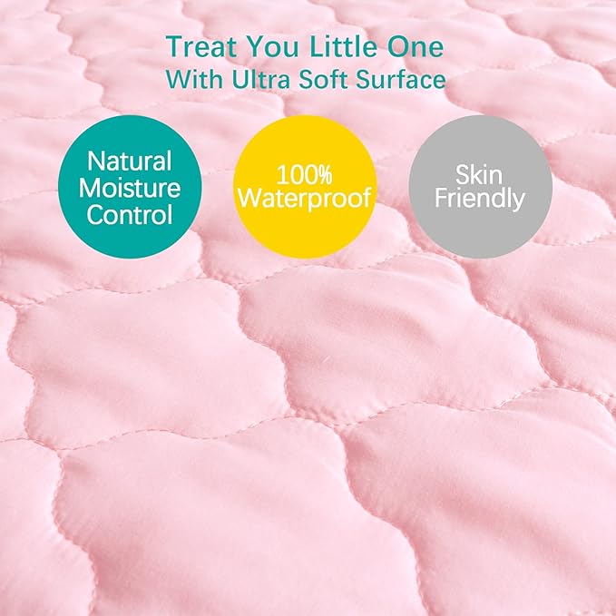 Mini Crib Mattress Protector Sheets Fitted Waterproof Mini Crib Mattress Pad Cover, Noiseless & Machine Wash 100% Absorbent Mini Crib Mattress Protector Sheet Quilted, Pink, 38" x 24"