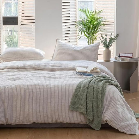 Simple&Opulence 100% Linen Duvet Cover Set 3pcs Yarn Dyed Vertical Pinstripe Ticking Pattern Natural French Washed Flax Breathable Farmhouse Bedding - Grey Stripe, King Size