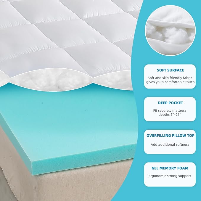 WhatsBedding Queen Size Dual Layer 4 Inch Memory Foam Mattress Topper,2 Inch Gel Memory Foam and 2 Inch Pillow Top Mattress Pad Cover