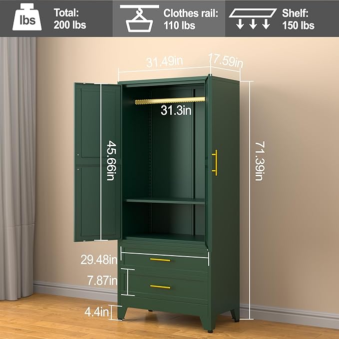 RIETERN Metal Armoire Wardrobe Closet, 71" Tall Bedroom Closet with 2 Drawers, Adjustable Shelves, and Hanging Rod, Steel Clothes Closets and Storage, for Bedroom Green