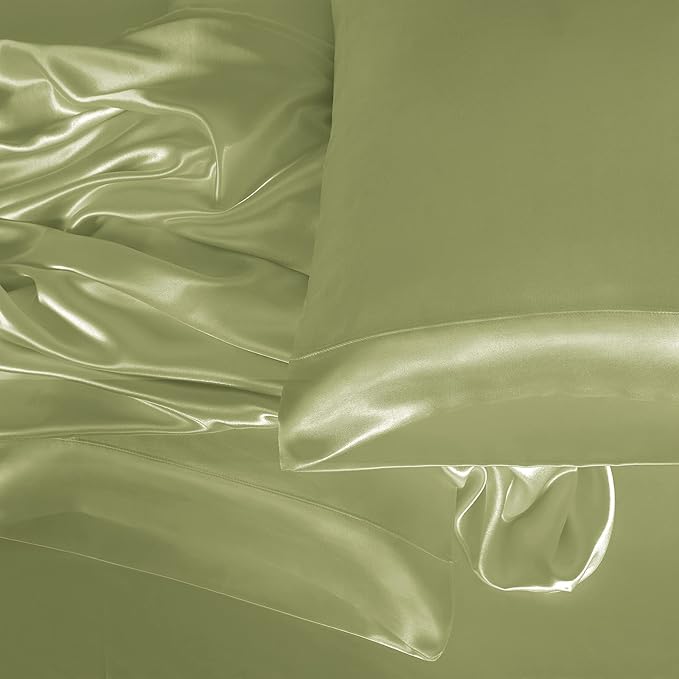 Homiest 4pcs Satin Sheets Set Luxury Silky Satin Bedding Set with Deep Pocket, 1 Fitted Sheet + 1 Flat Sheet + 2 Pillowcases (King Size, Sage Green)