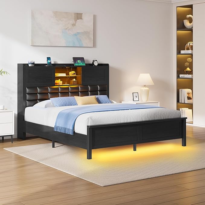 Rolanstar Bed Frame Queen Size with Charging Station, Bookcase Headboard Bed with LED Light and Sliding Doors, Platform Bed with Wooden Slats, No Box Spring Needed, Noise Free, Black