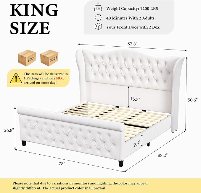 koorlian King Size Bed Frame,Chenille Upholstered Sleigh Bed with Scroll Wingback Headboard & Footboard,Luxury & Soft Button Tufted Modern Bed,Easy Assembly,No Box Spring Needed